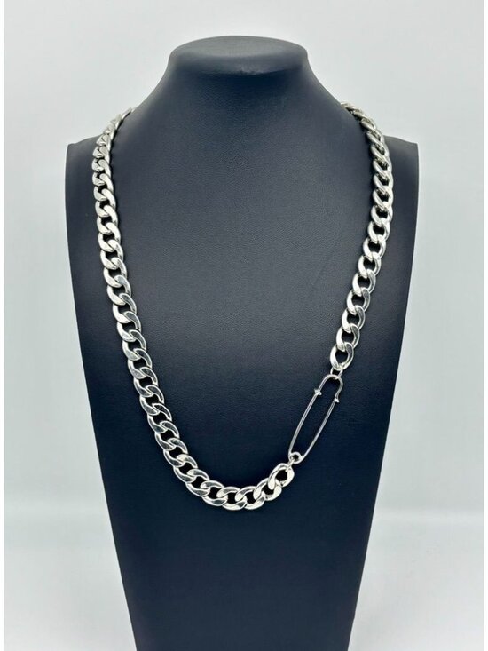Unbranded Jewelry - Chunky Silver-Tone Cuban Link Chain Necklace W/Faux Safety Pin Accent Adjustable
